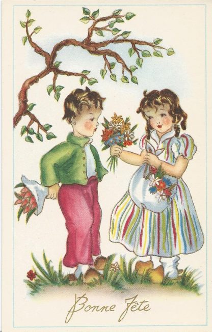 Vintage kaart - meisje biedt bloemen aan