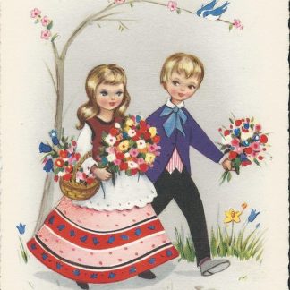Jongen en meisje brengen bloemen