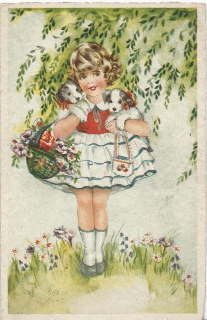 Meisje met hondjes en bloemenmand - ill. E. Maison Kurt