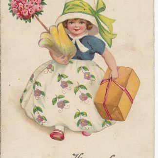 Meisje met pakjes en bloemen
