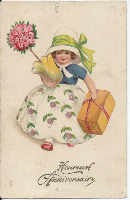 Meisje met pakjes en bloemen