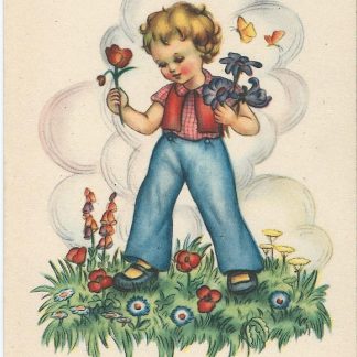 Jongen in de wei - bloemen plukken