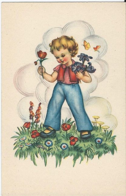 Jongen in de wei - bloemen plukken