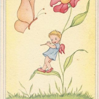 Meisje zit op rode bloem, vlinder