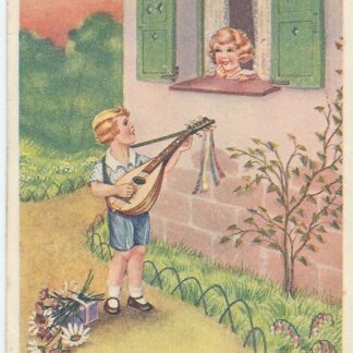 Jongen speelt banjo voor meisje aan het raam