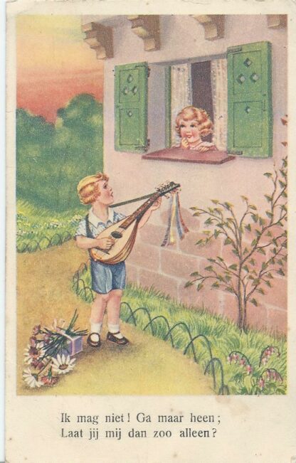 Jongen speelt banjo voor meisje aan het raam