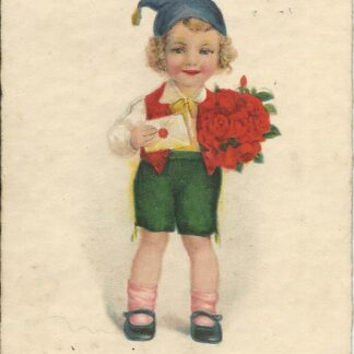 Jongen met brief en bos rozen