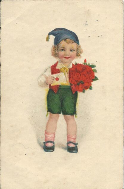 Jongen met brief en bos rozen