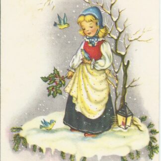 Meisje met vogel in de sneeuw