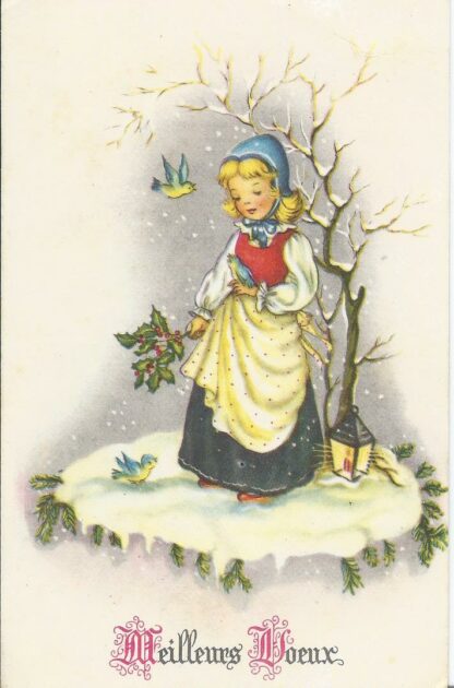 Meisje met vogel in de sneeuw