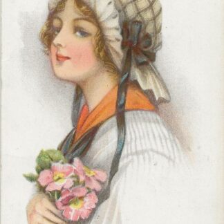Vrouw met mutsje en tuiltje bloemen