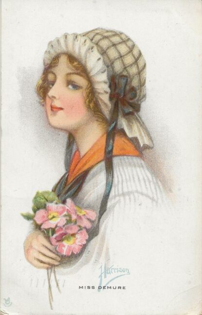 Vrouw met mutsje en tuiltje bloemen