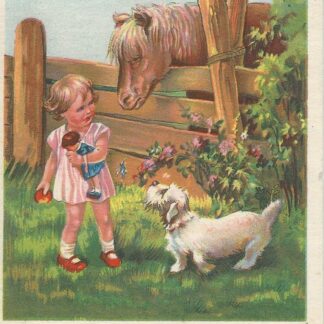Meisje met pop, hond en ponypaard