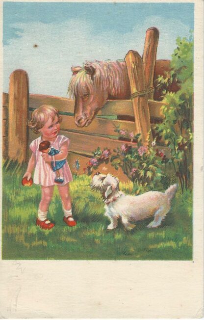 Meisje met pop, hond en ponypaard