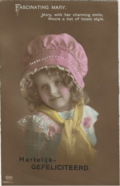 Meisje met rose mutsje  -  fotokaaart