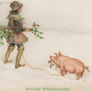 Vintage nieuwjaarskaart  - man met hulsttakken en varken