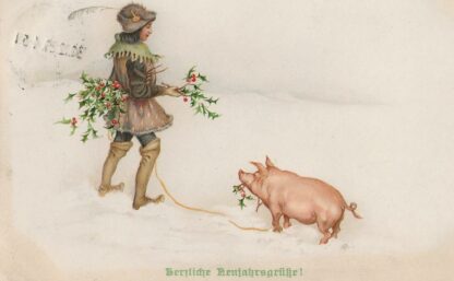 Vintage nieuwjaarskaart  - man met hulsttakken en varken