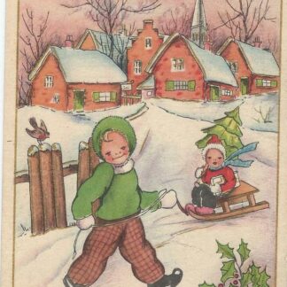Kinderen in de sneeuw met slee  -  M.B. Cooper