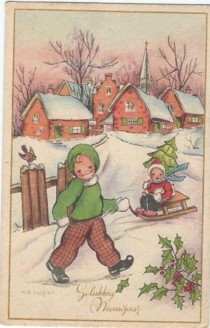 Kinderen in de sneeuw met slee  -  M.B. Cooper