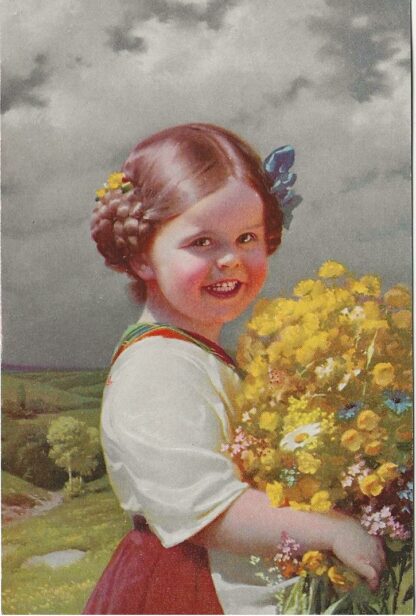 Meisje met bos gele bloemen
