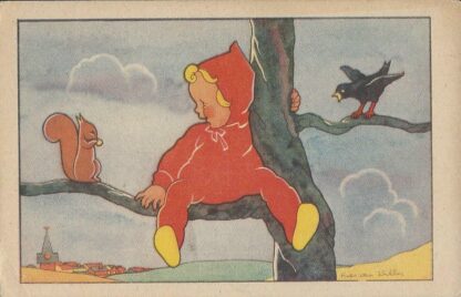 Kindje in rood pakje zit op tak met eekhoorn  -  ill. Lies van Willes