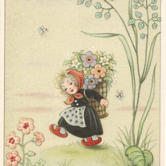 Meisje met mand bloemen op de rug  -  Mary Daester