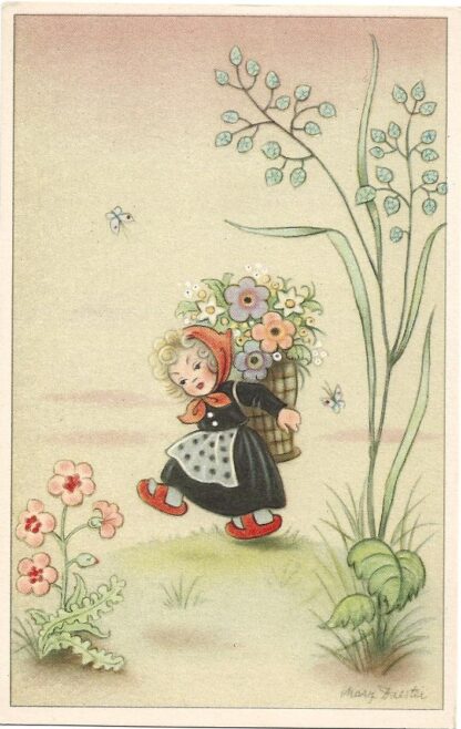 Meisje met mand bloemen op de rug  -  Mary Daester