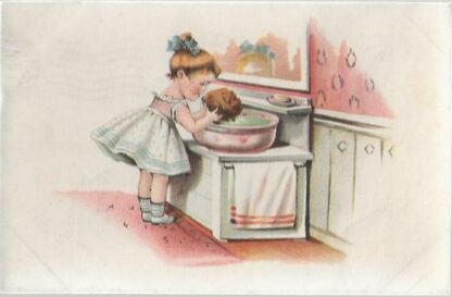 Meisje is zich aan het wassen bij de waskom