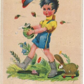 Jongen met melkkan en konijn op wielen