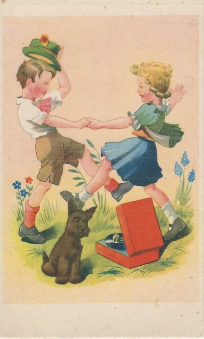 Jongen en meisje dansen bij de grammofoon  -  hondje