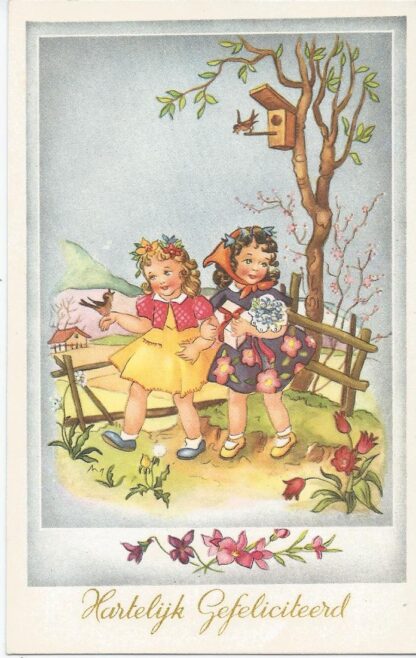 Twee meisjes met vogeltje en bloemen
