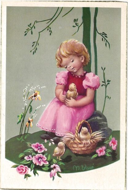 Meisje in rose jurk met kuikentje op haar schoot - ill. N. Baró