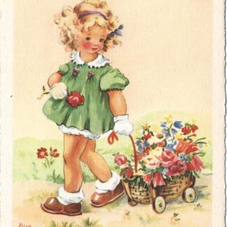 Meisje trekt wagentje met bloemen