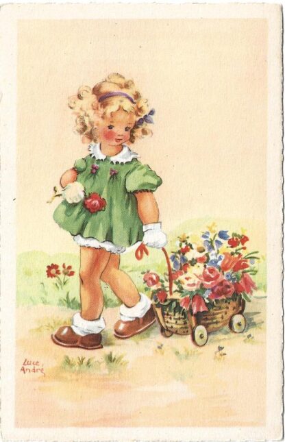 Meisje trekt wagentje met bloemen