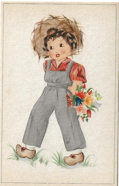 Meisje met bosje bloemen op de rug