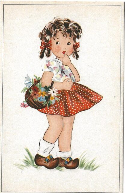 Meisje met mandje met bloemen