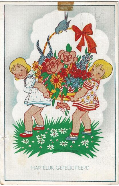 Twee meisjes dragen mand met bloemen  -  W. Schermelé