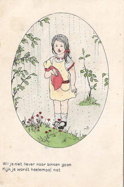 Meisje met pop in de regen  -  ill. B