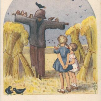 Meisjes kijken naar de vogelverschrikker  -  ill. Bergman-Rolandus