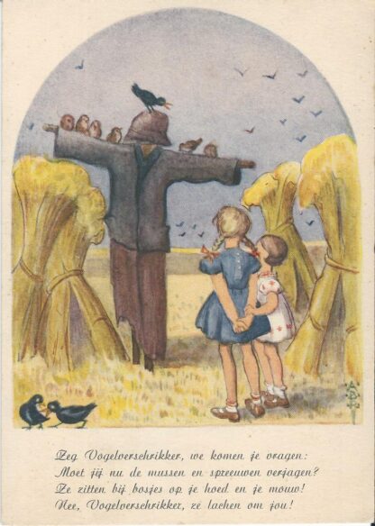 Meisjes kijken naar de vogelverschrikker  -  ill. Bergman-Rolandus
