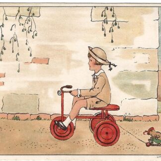 Meisje op rode driewieler, met aapje op wielen  -  Bep Jordens