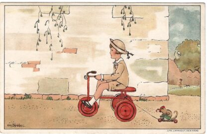 Meisje op rode driewieler, met aapje op wielen  -  Bep Jordens