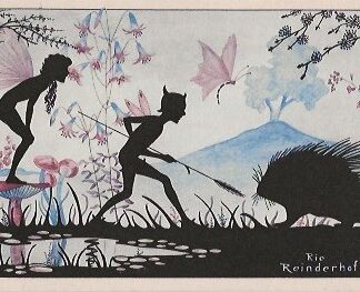 Elfen in het bos met stekelvarken  -  Rie Reinderhoff