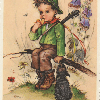 Jongen zit op tak - hondje - ill. Hilde