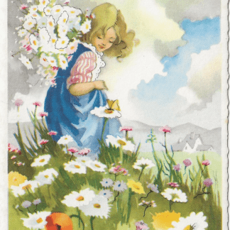 Meisje plukt bloemen in bloemenweide