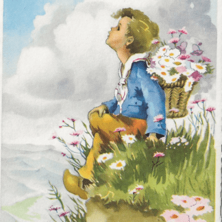 Jongen met mand met bloemen op zijn rug