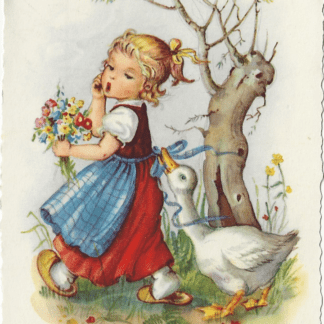 Meisje loopt weg en eend trekt schort los  -  Fabig Distling