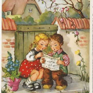 Meisje en jongen zingen van bladmuziek